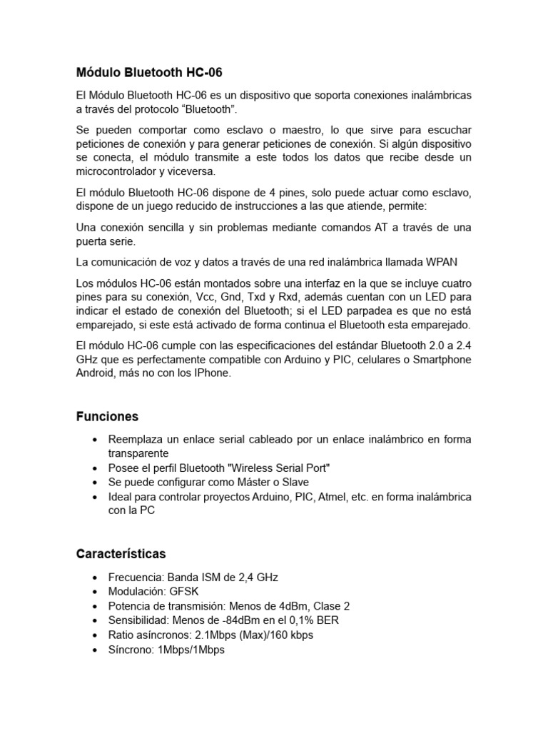Módulo Bluetooth HC-06 | PDF | Bluetooth | Arduino