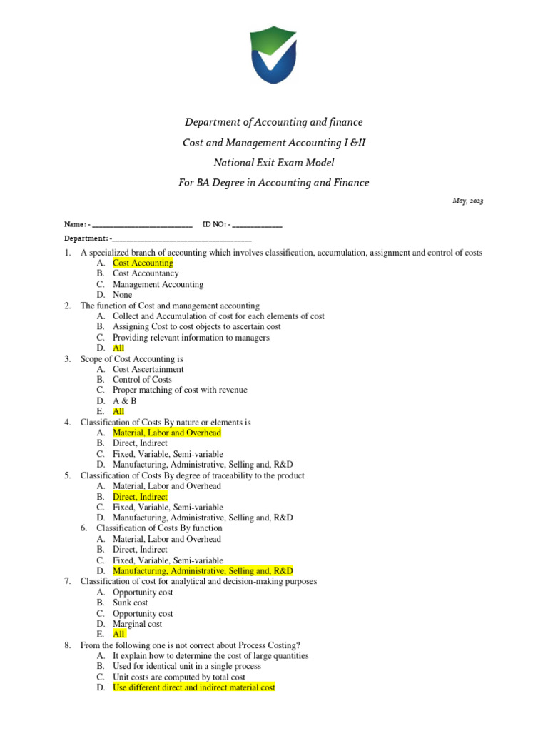 Cost and Management Accounting Exam Guide | PDF | Budget | Accounting