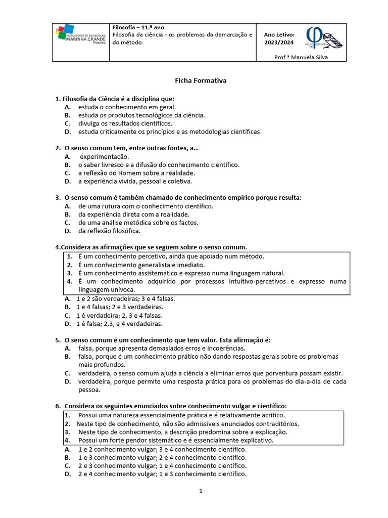Filosofia da Ciência: Senso Comum e Método | PDF | Science | Método ...