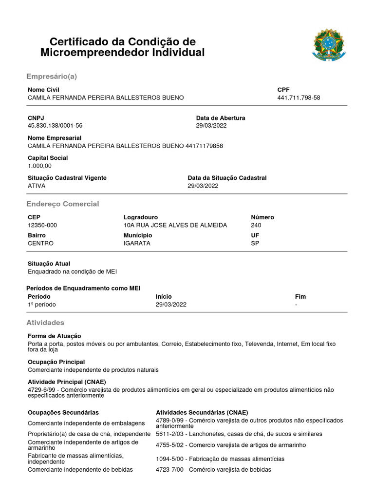 Certificado de Microempreendedor Individual | PDF