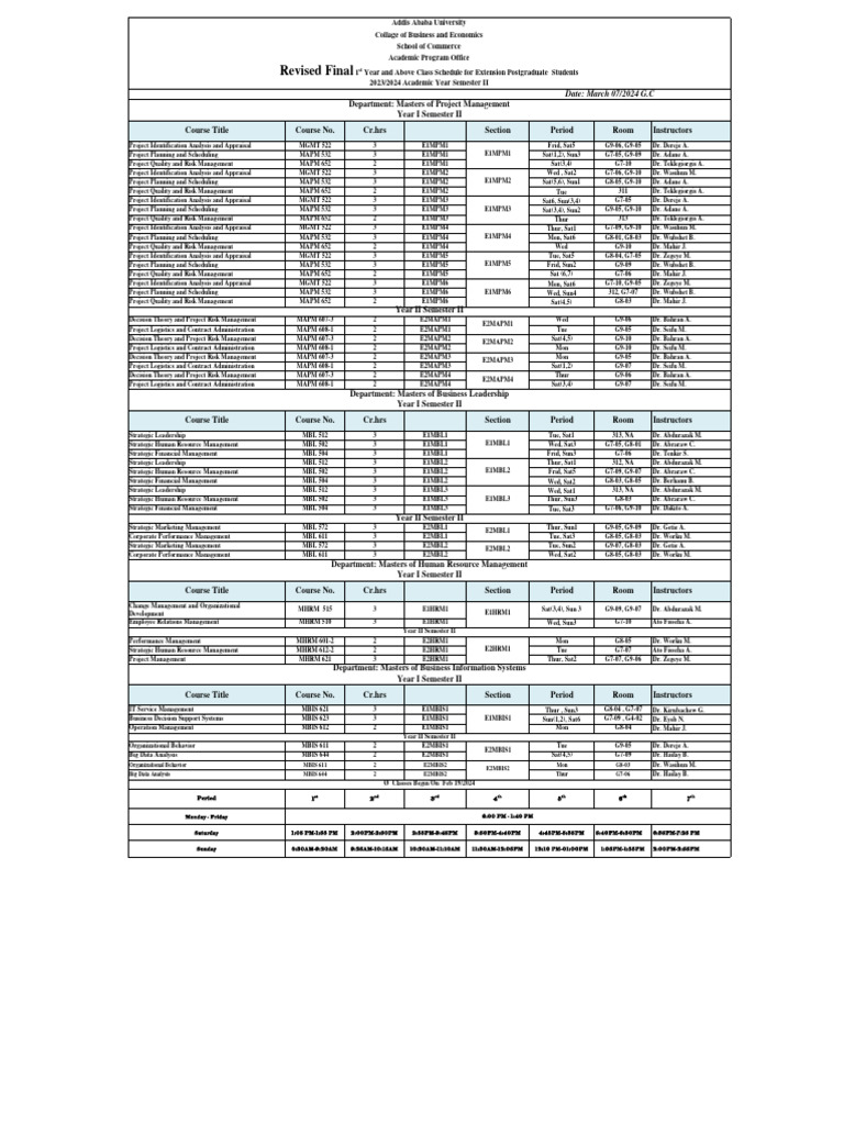 Addis Ababa University Postgraduate Class Schedule 2023/2024 | PDF ...