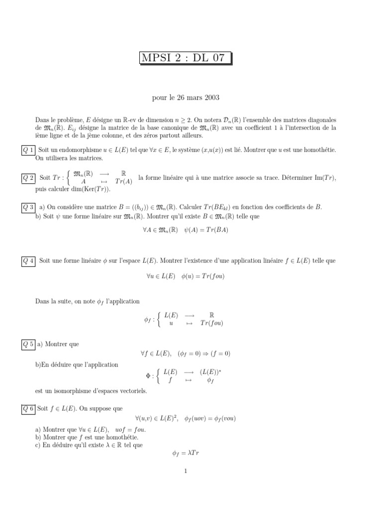 MPSI 2 : DL 07 - Problèmes de matrices | PDF | Matrice (Mathématiques ...
