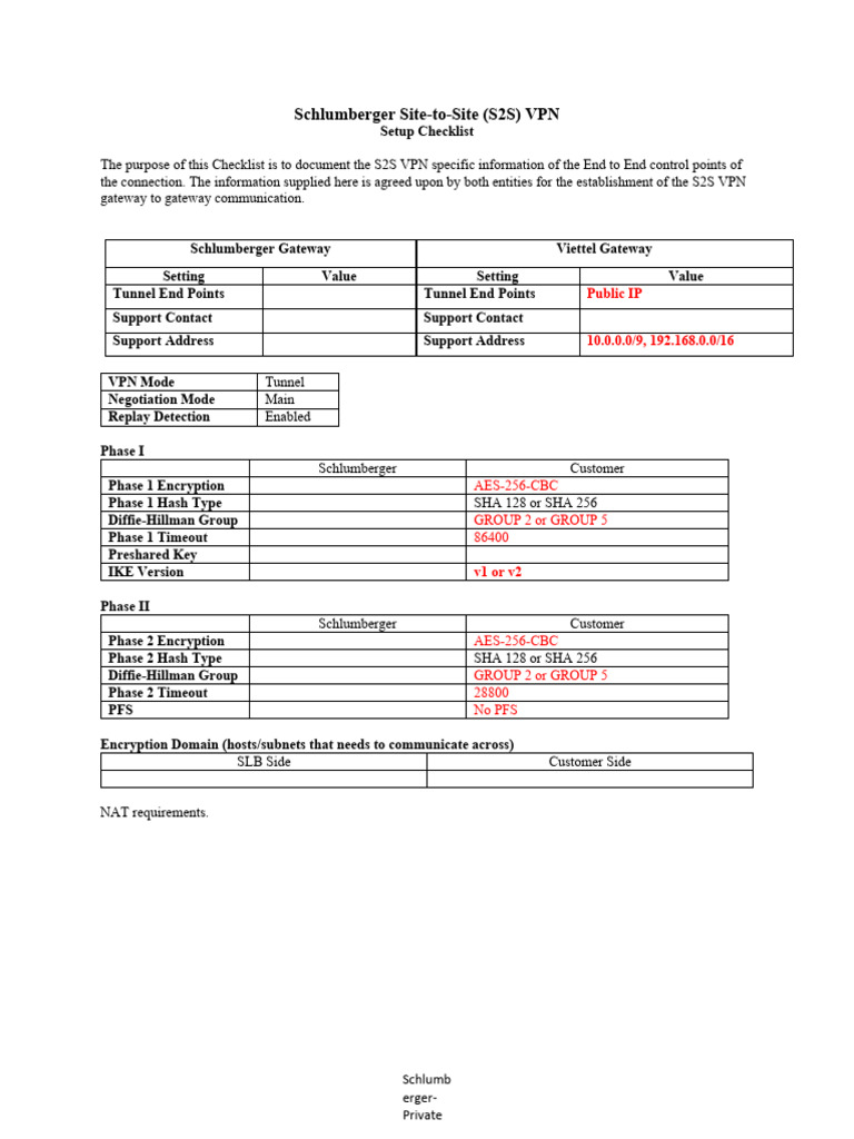 Schlumberger S2S VPN Setup Checklist | PDF