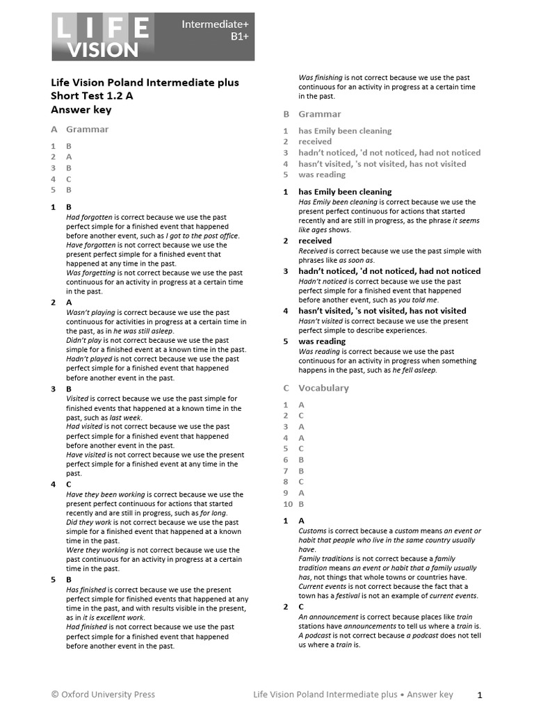 Life Vision Intermediate Plus Answer Key | PDF | Books