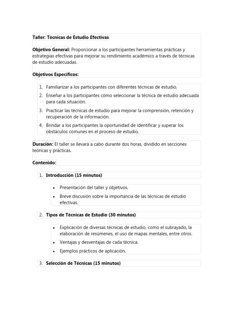 Taller de Técnicas de Estudio Efectivas | PDF | Habilidades de estudio ...