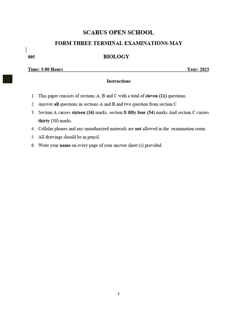 Biology form three terminal examination may 2023 pdf respiratory
