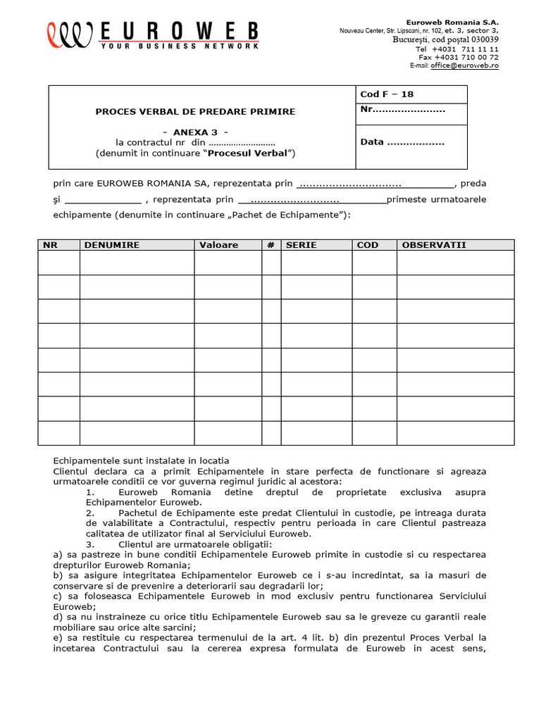 Anexa 3 Proces Verbal de Predare Primire Echipamente | PDF