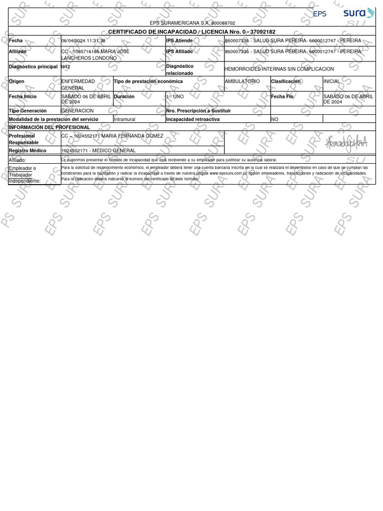 Certificado de Incapacidad EPS Sura | PDF | Cuidado de la salud | Medicina