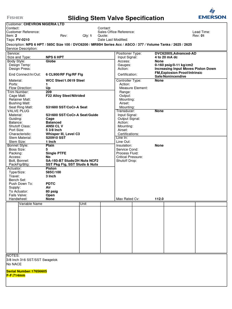 Valve Specification Sheet | PDF | Valve | Gas Technologies