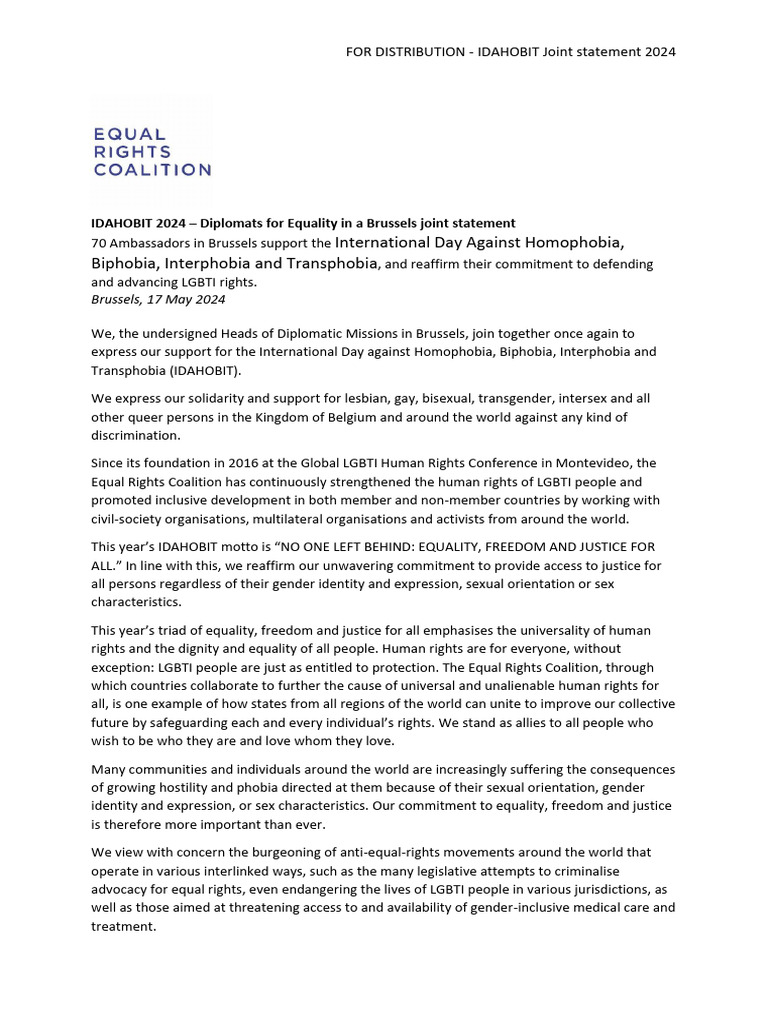 IDAHOBIT 2024 Joint Statement by Ambassadors | PDF | Lgbt | LGBTQIA+ ...