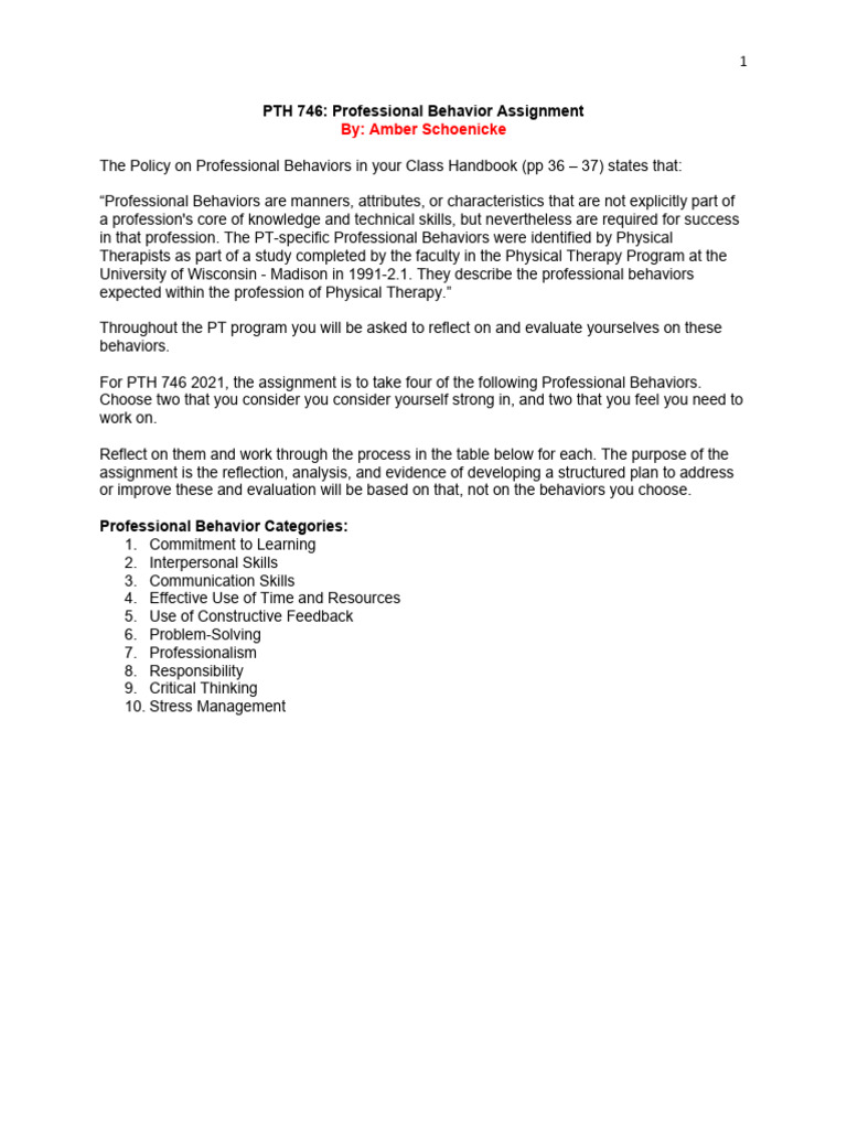 Professional Behavior Reflection for PT Students | PDF | Psychotherapy ...