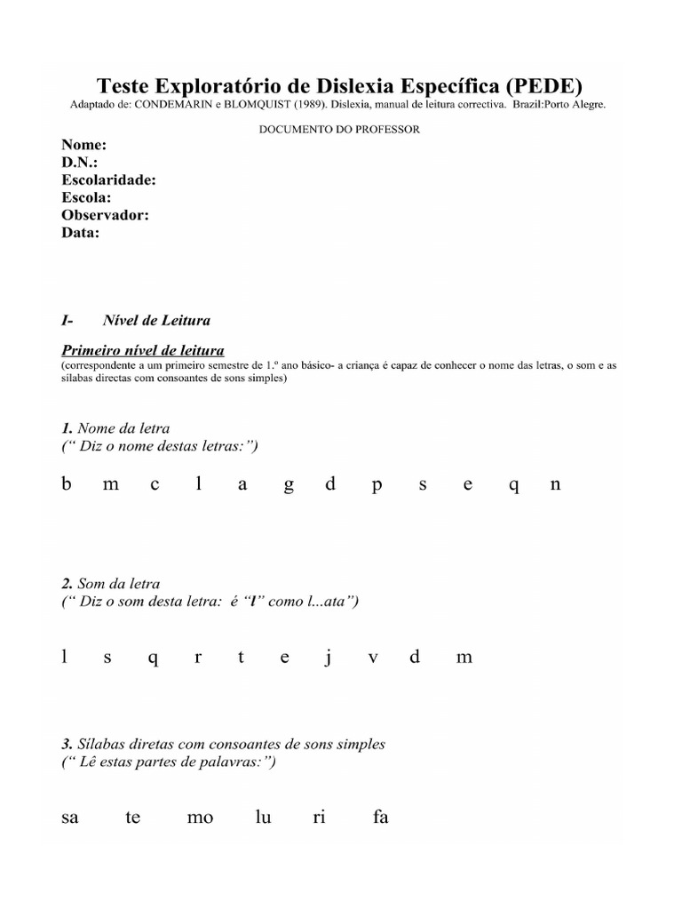 Aplicação do Teste de Dislexia Infantil | PDF | Dislexia