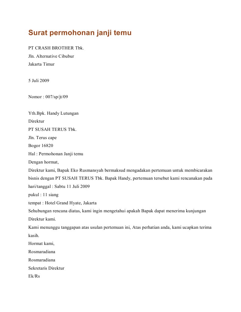 Contoh Surat Janji Temu Dalam Bahasa Inggris Dan Artinya