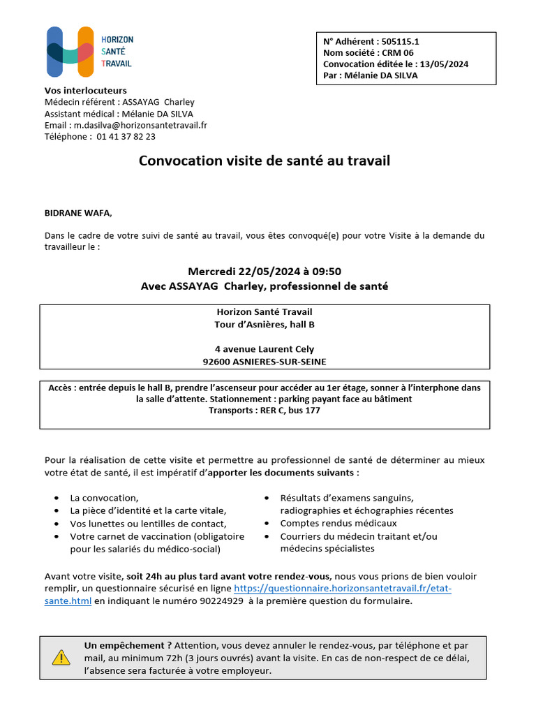 Convocation La Visite M dicale Obligatoire PDF Soins De Sant 