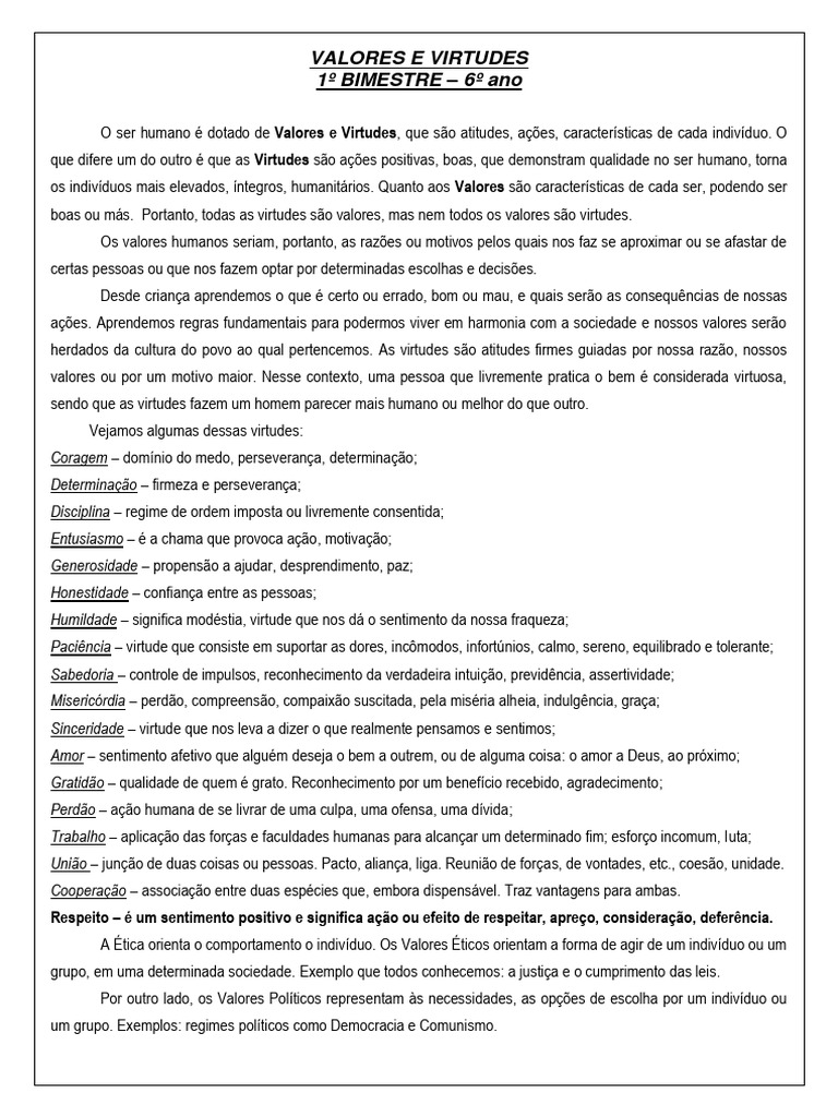 Valores e Virtudes no Ensino Religioso | PDF | Amor | Sentimento