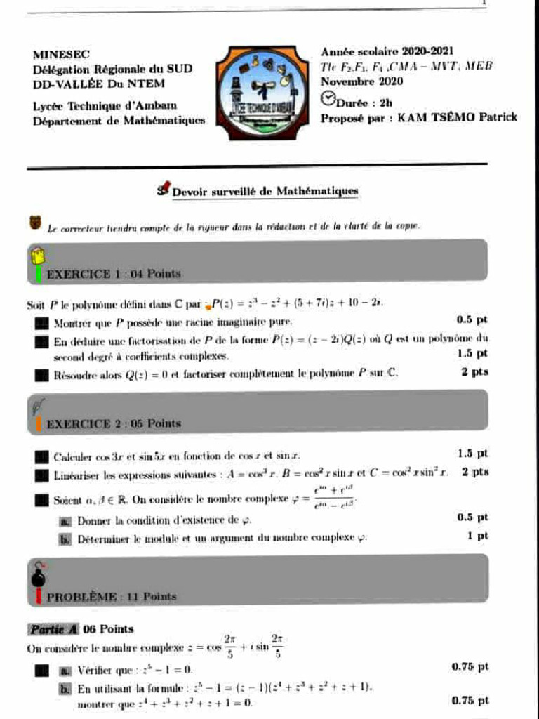 Mathematiques-Lycée Technique D'ambam-Terminale f1, f2, f3, Cma, MVT ...