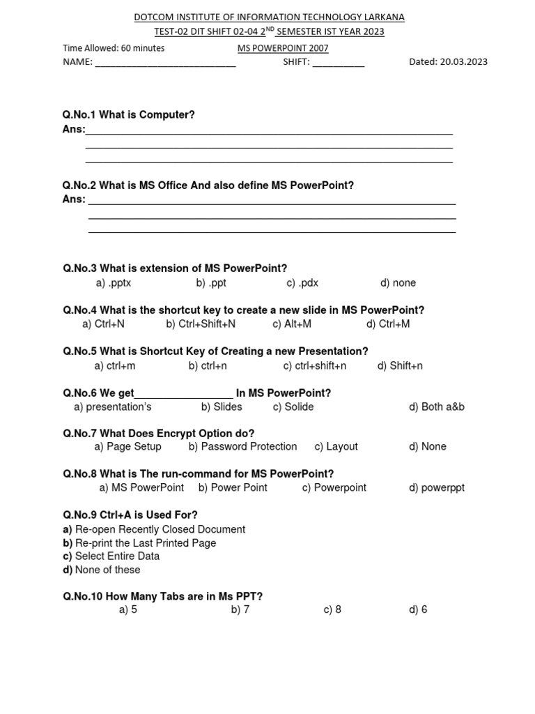 MS PowerPoint 2007 Test Questions | PDF | Microsoft Power Point | Computing
