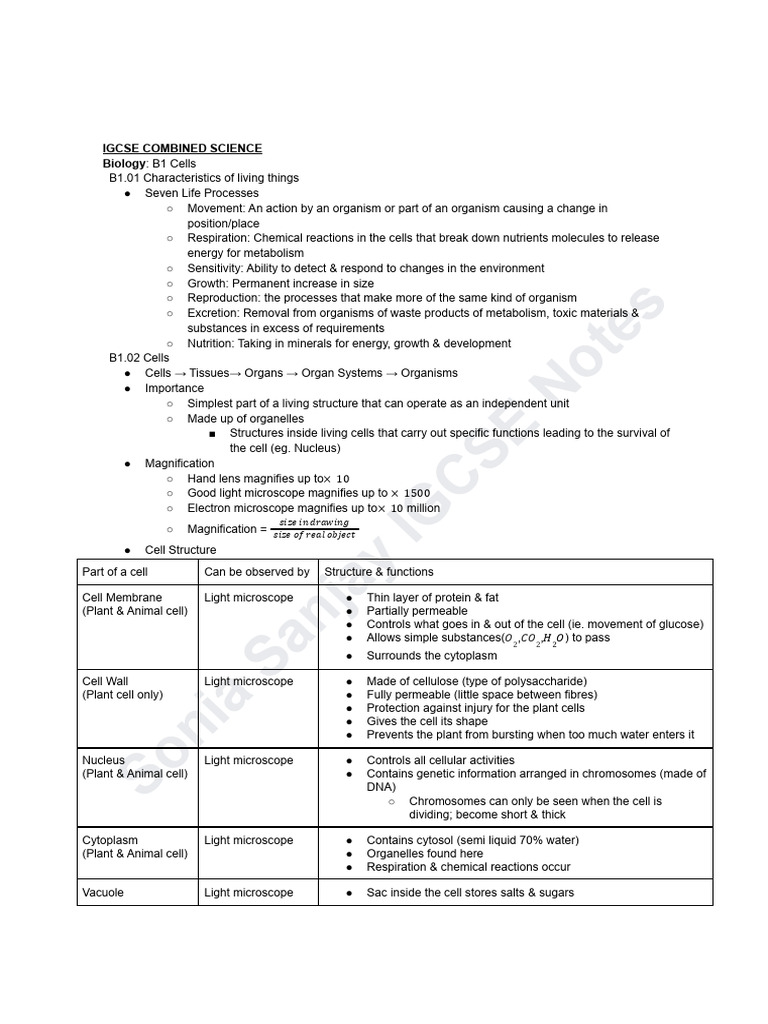 IGCSE Combined Science: Biology Notes | PDF | Leaf | Digestion