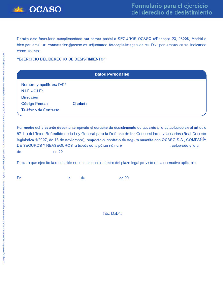 Derecho de Desistimiento de Seguros | PDF | Reaseguro | Póliza de seguros