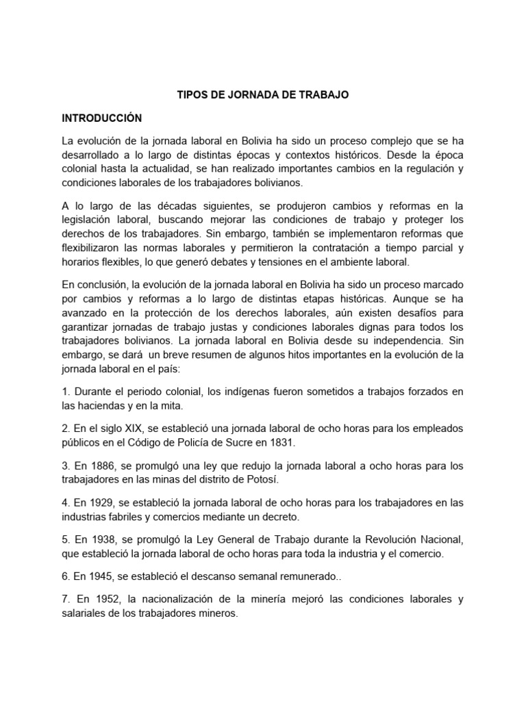 Tipos de Jornada Laboral en Bolivia | PDF | Tiempo de trabajo | Derecho ...