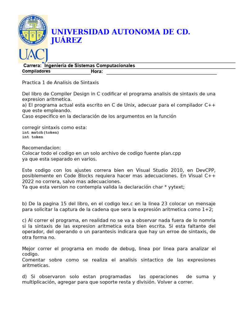 Análisis de Sintaxis en C++: Práctica 1 | PDF | C ++ | Compilador