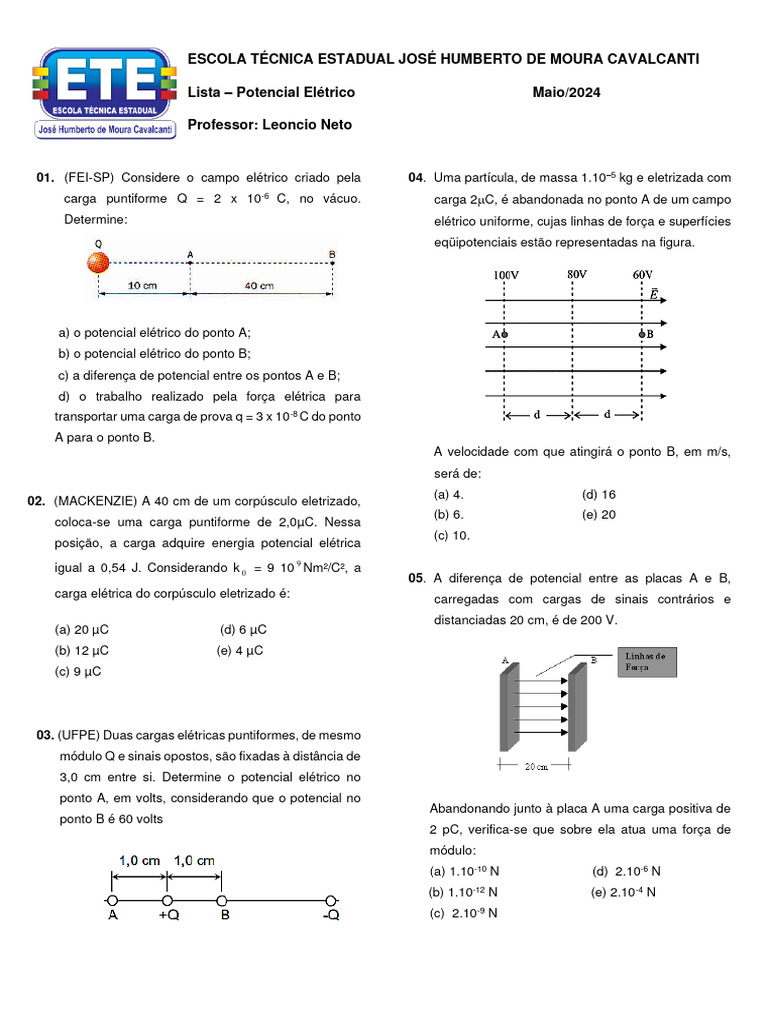 Lista de Exercícios: Potencial Elétrico | PDF | Energia potencial ...