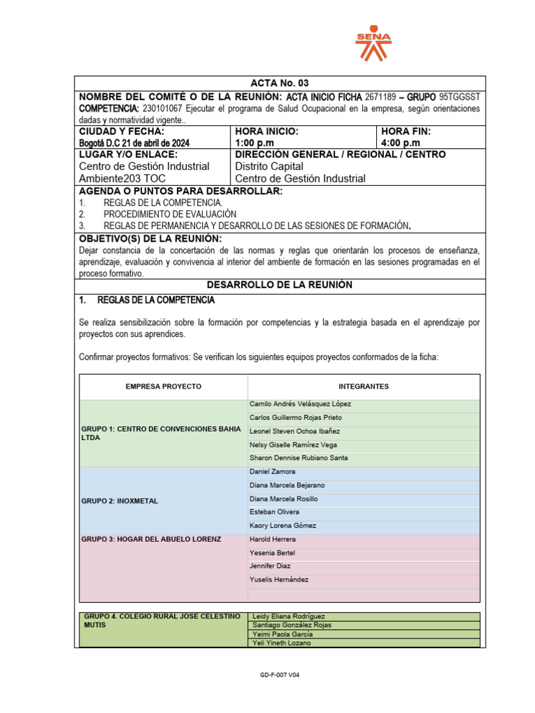 Acta de Inicio Salud Ocupacional 2024 | PDF | Seguridad y salud ...