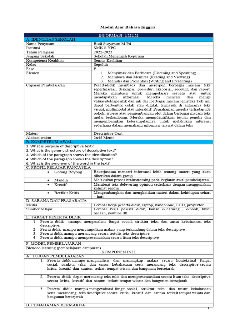Modul Descriptive Text Kelas 10 | PDF