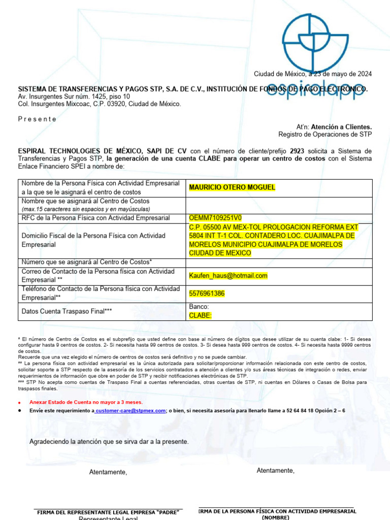 Solicitud de Cuenta CLABE SPEI | PDF | Industrias de servicio