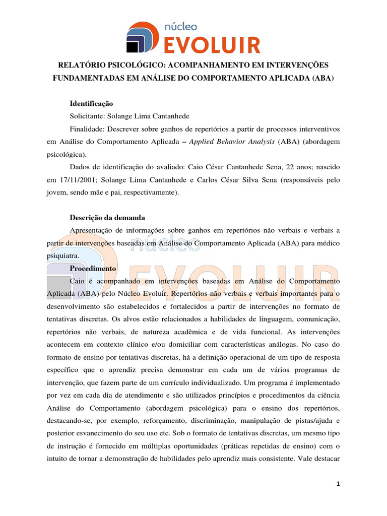 Relatório de Intervenção ABA em TEA | PDF | Comunicação | Aprendizado