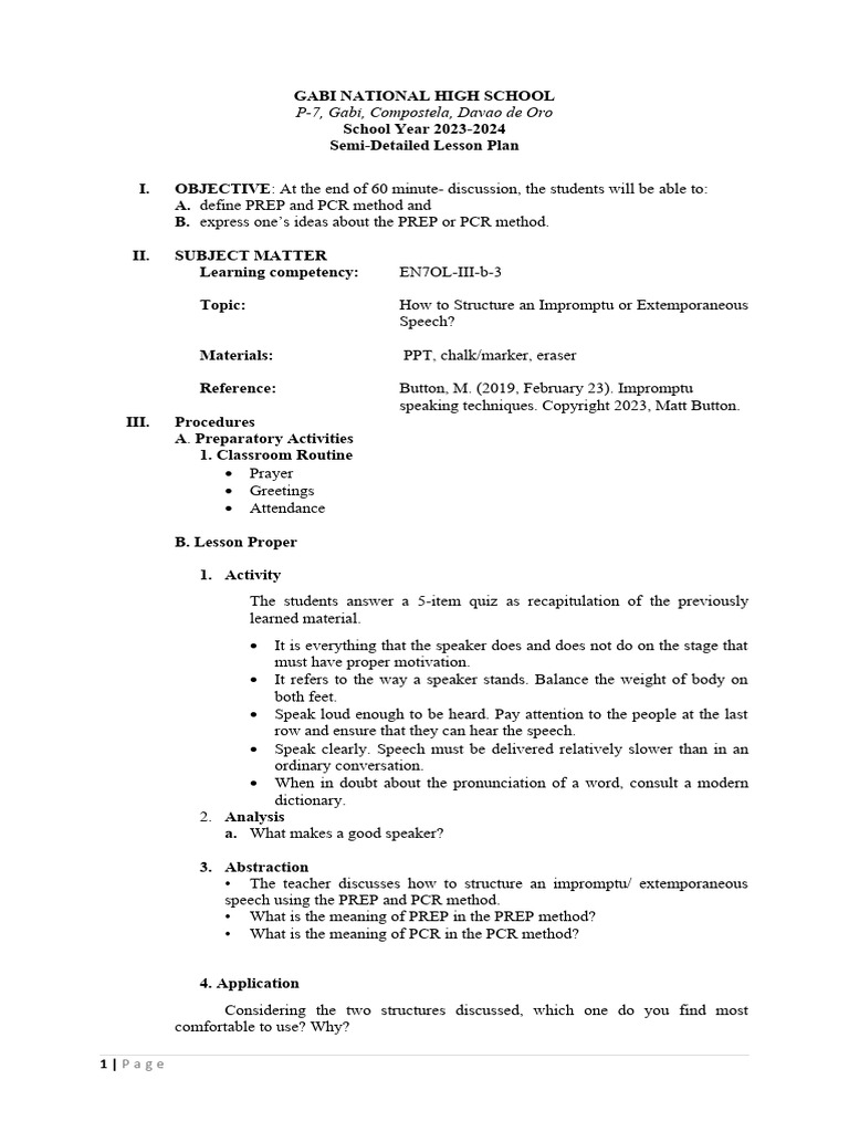 GABI NATIONAL HIGH SCHOOL - Structure An Impromptu or Extemporaneous ...