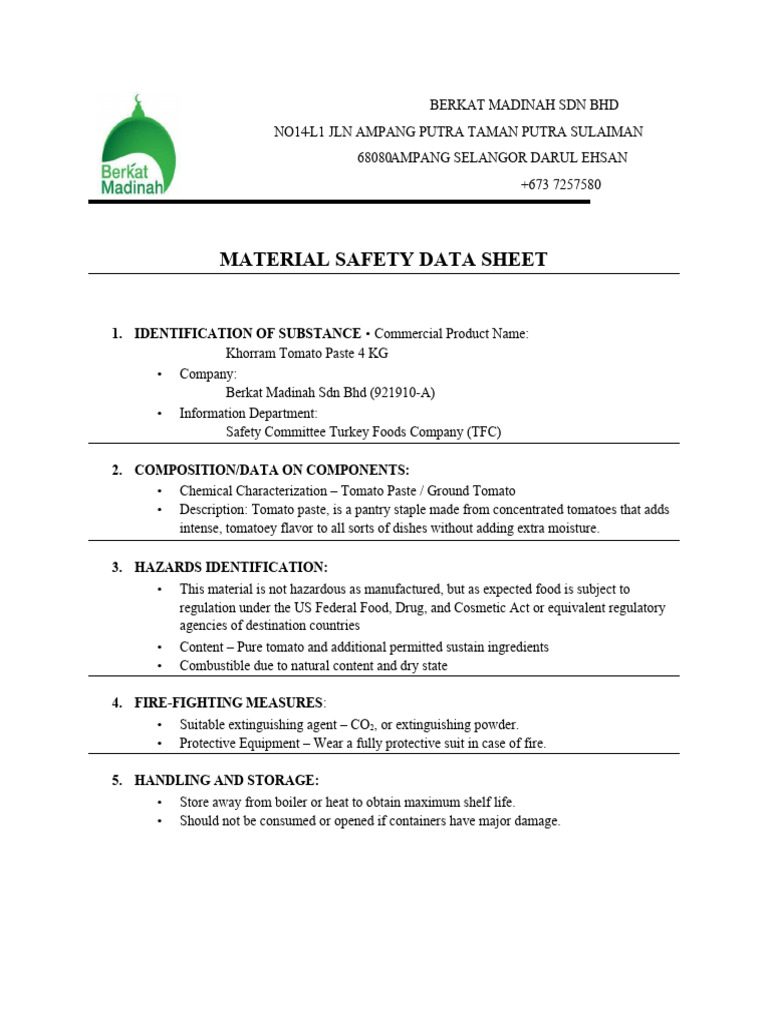 MSDS for Khorram Tomato Paste | PDF
