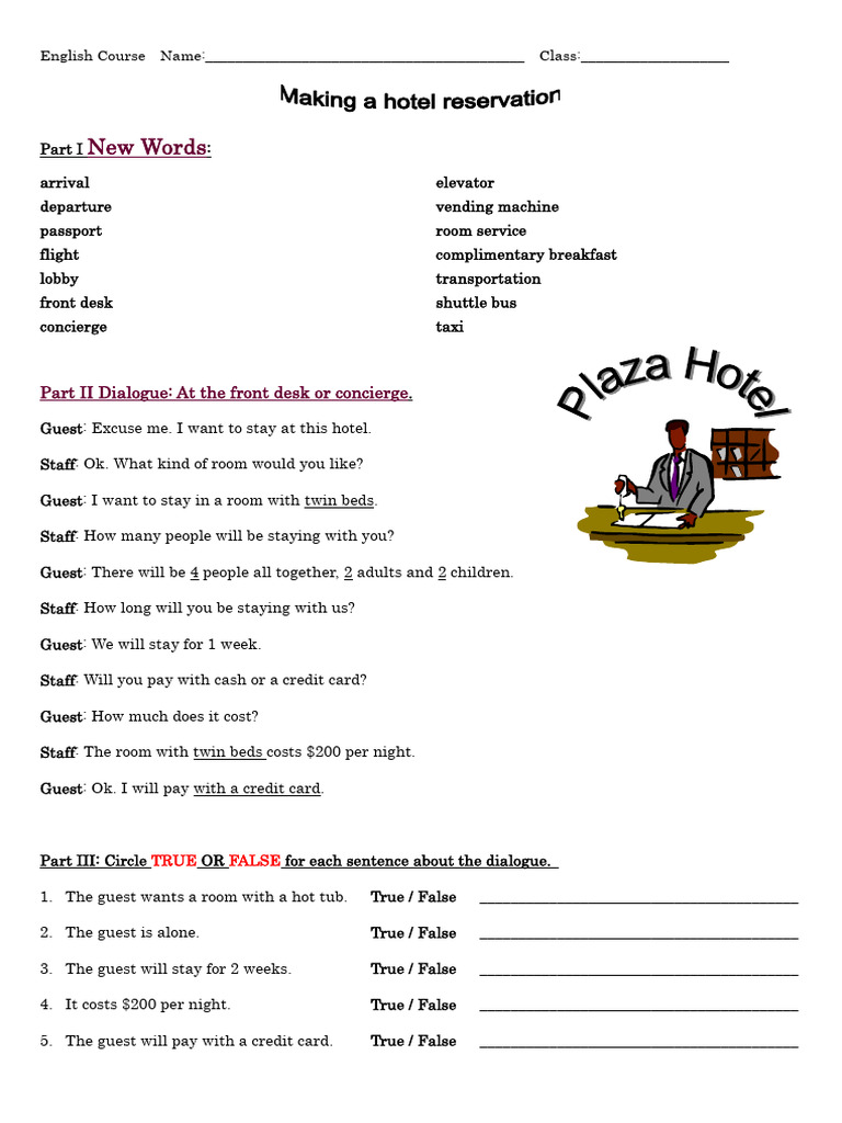Hotel Conversation Practice Worksheet | PDF