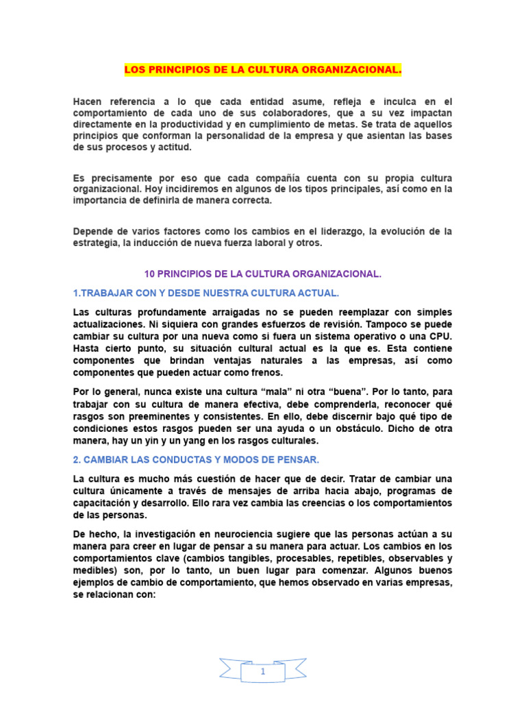 Principios Clave de la Cultura Organizacional | PDF | Comportamiento ...