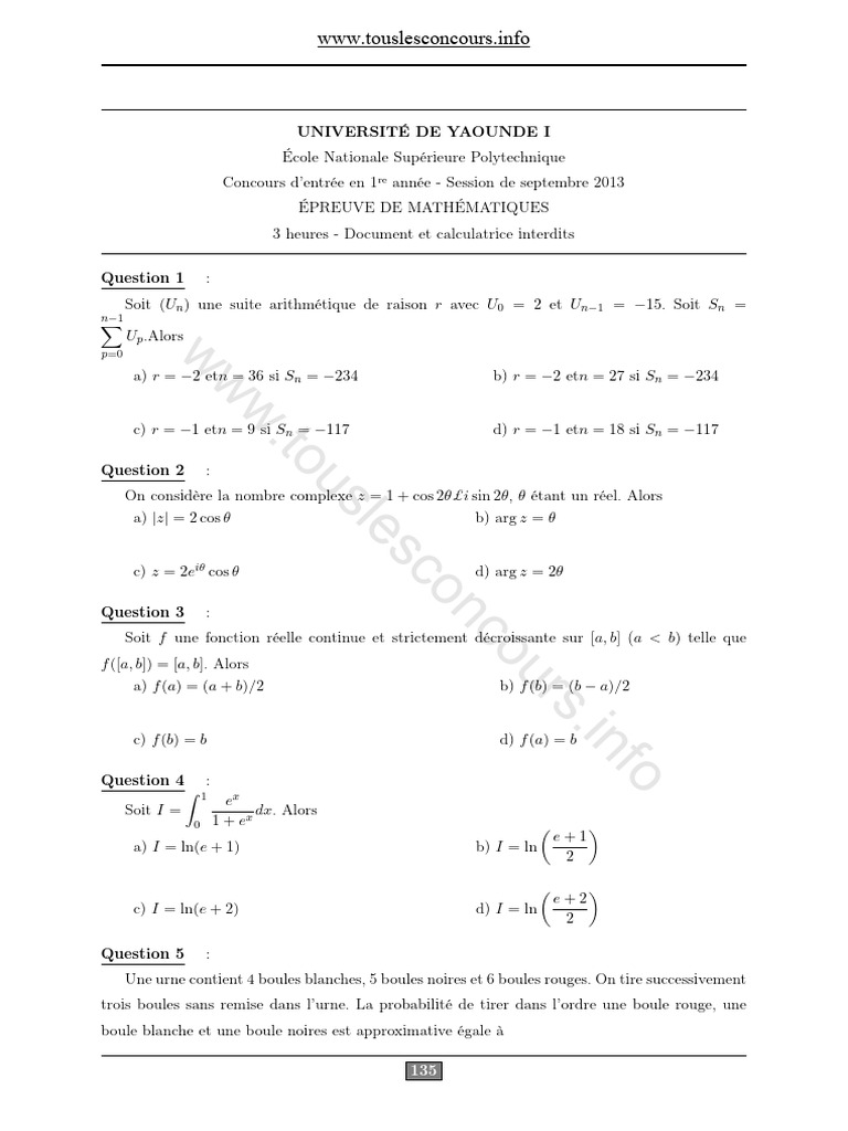 Concours Mathématiques Yaoundé I 2013 | PDF | Limite (mathématiques ...