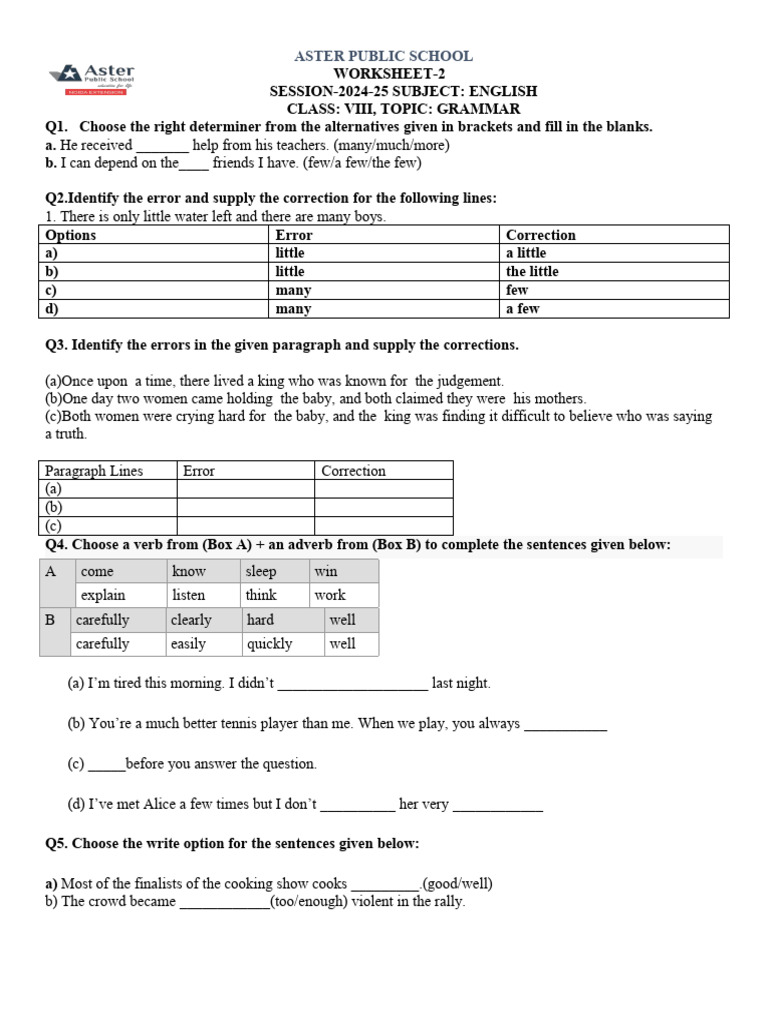 Class VIII English Grammar Worksheet | PDF | Linguistic Morphology ...