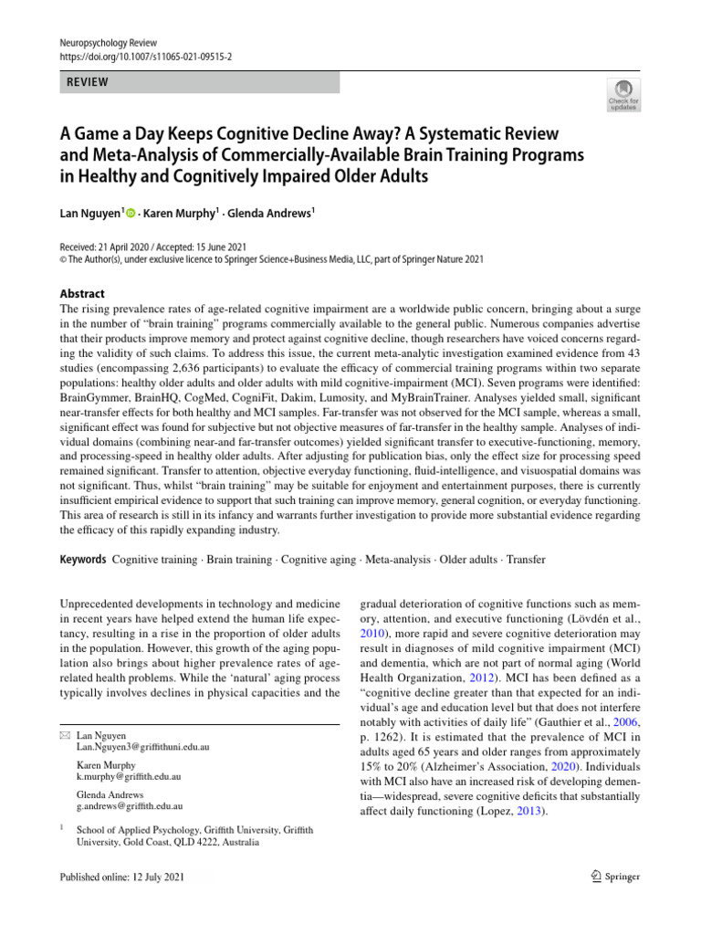 Brain Training Efficacy in Older Adults | PDF | Meta Analysis | Effect Size