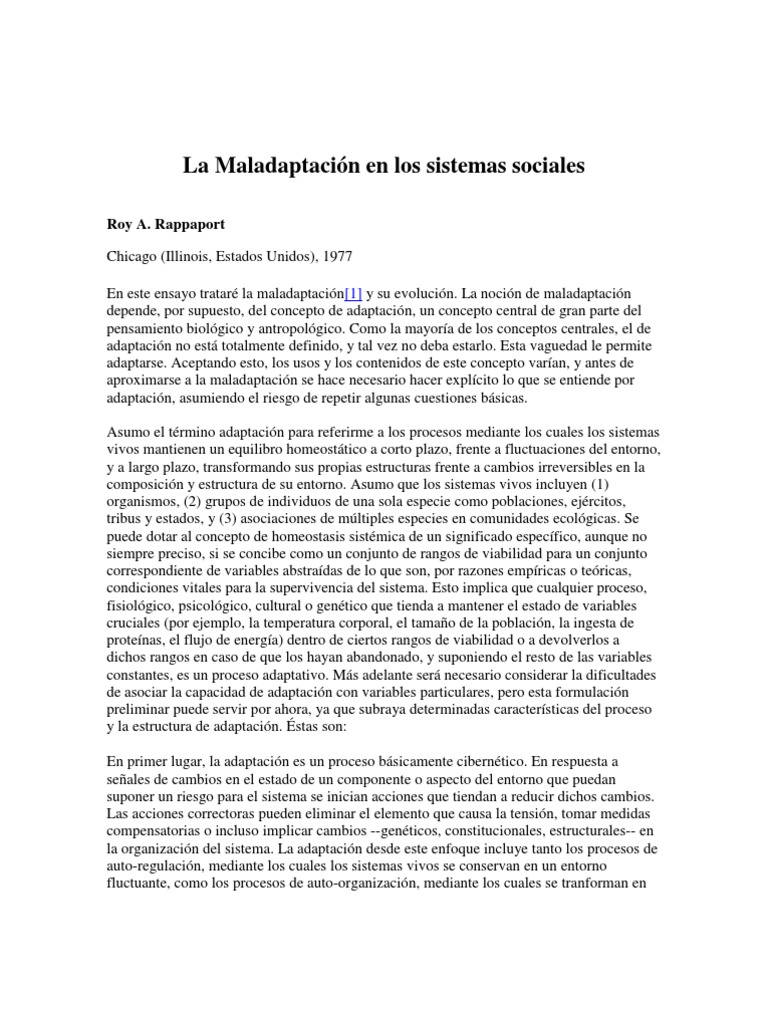 Roy A. Rappaport - La Maladaptación en Los Sistemas Sociales | PDF ...