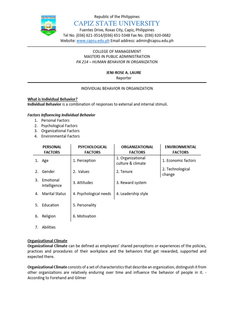 Handouts in PA 214-Individual Behavior in Organization | PDF ...