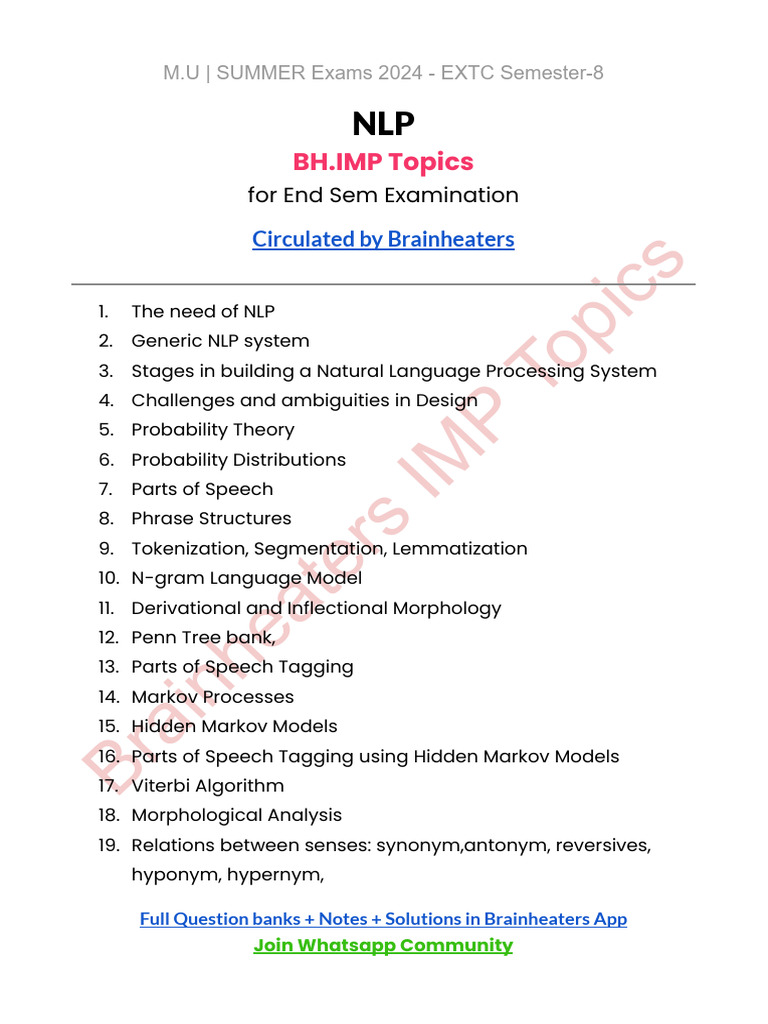 NLP Exam Topics for Summer 2024 | PDF | Language Arts & Discipline ...