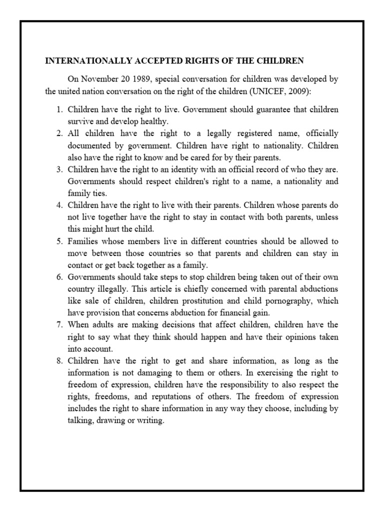 Internationally Accepted Rights of The Children | PDF | Children's ...