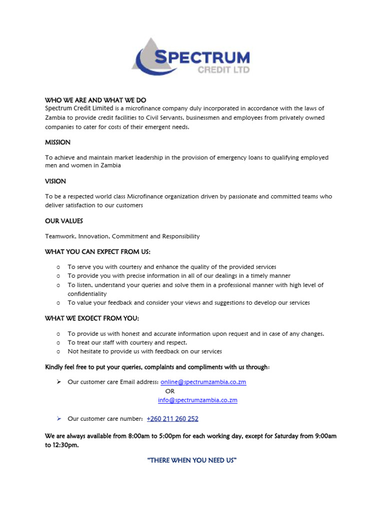 Spectrum Credit: Emergency Loans Zambia | PDF | Career & Growth