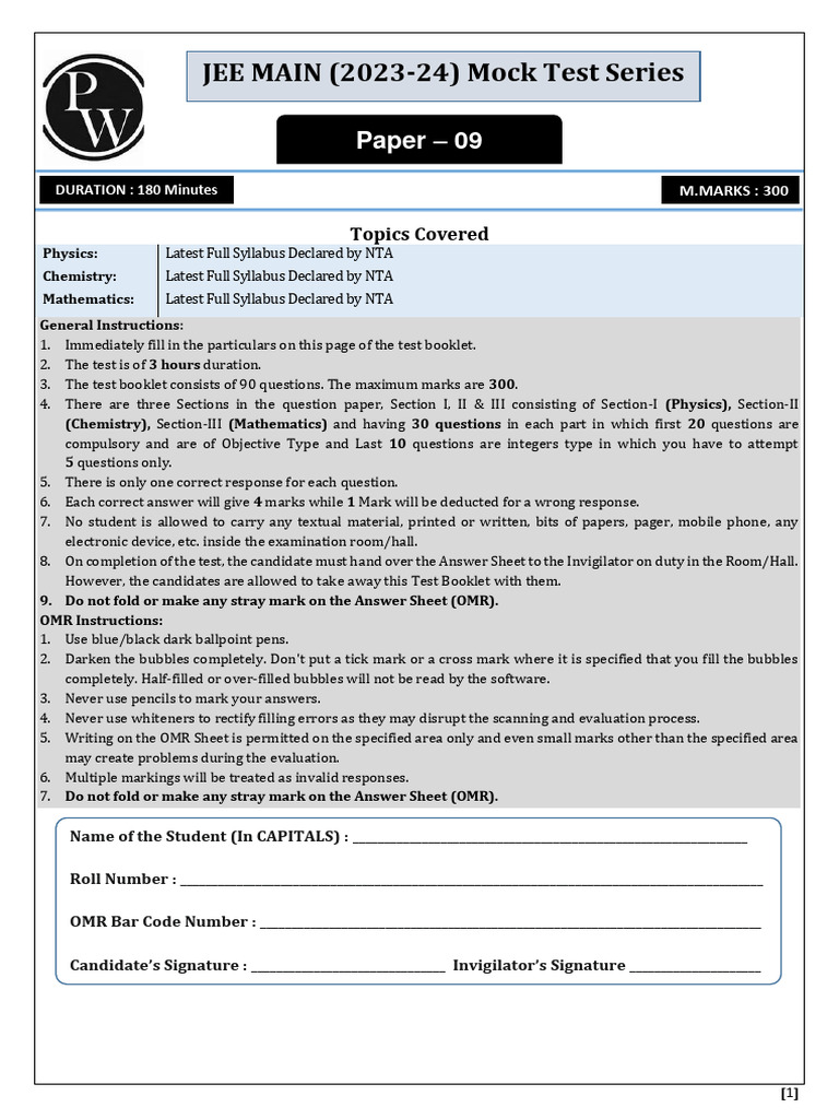 JEE Main 2023-24 Mock Test Paper 09 | PDF | Force | Electronvolt