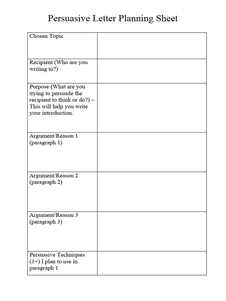 Year 7 Persuasive Letter Planning Sheet PDF