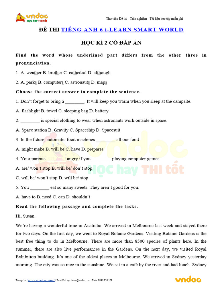 De Thi Tieng Anh Lop 6 Hoc Ki 2 I Learn Smart World | PDF