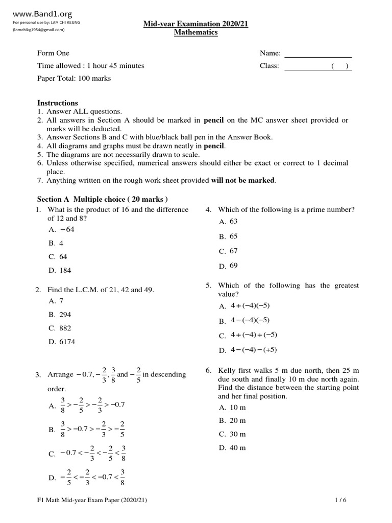 F1 Mathematics Mid-Year Exam 2020/21 | PDF | Polynomial | Area