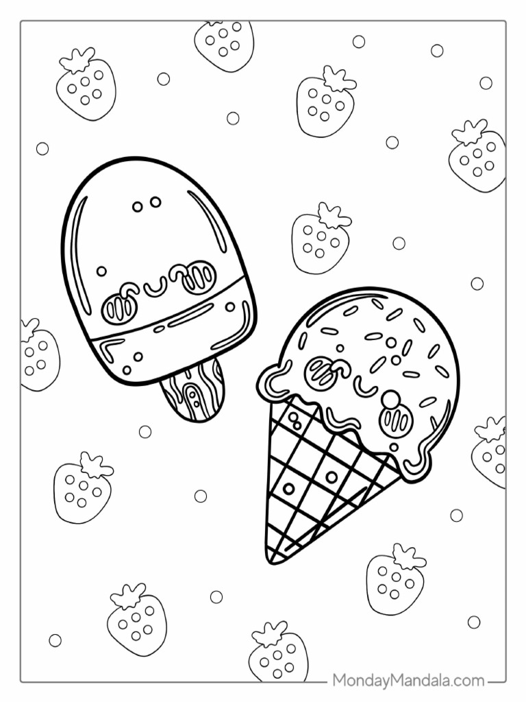 Easy Kawaii Strawberry Ice Cream Coloring Page | PDF