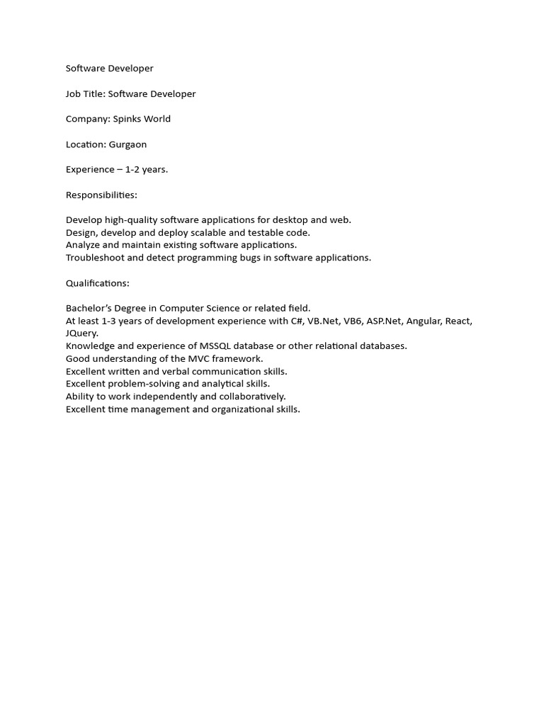 Software Developer Job in Gurgaon | PDF