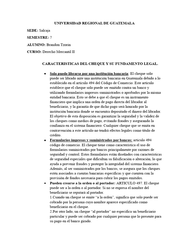Características Del Cheque Y Su Fundamento Legal Pdf Cheque Bancos