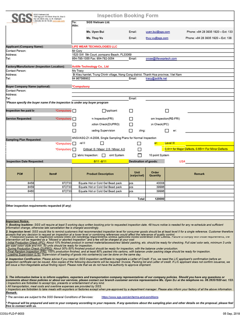 ACTLIFE - SGS Inspection Booking Form - 872733 | PDF | Letter Of Credit ...